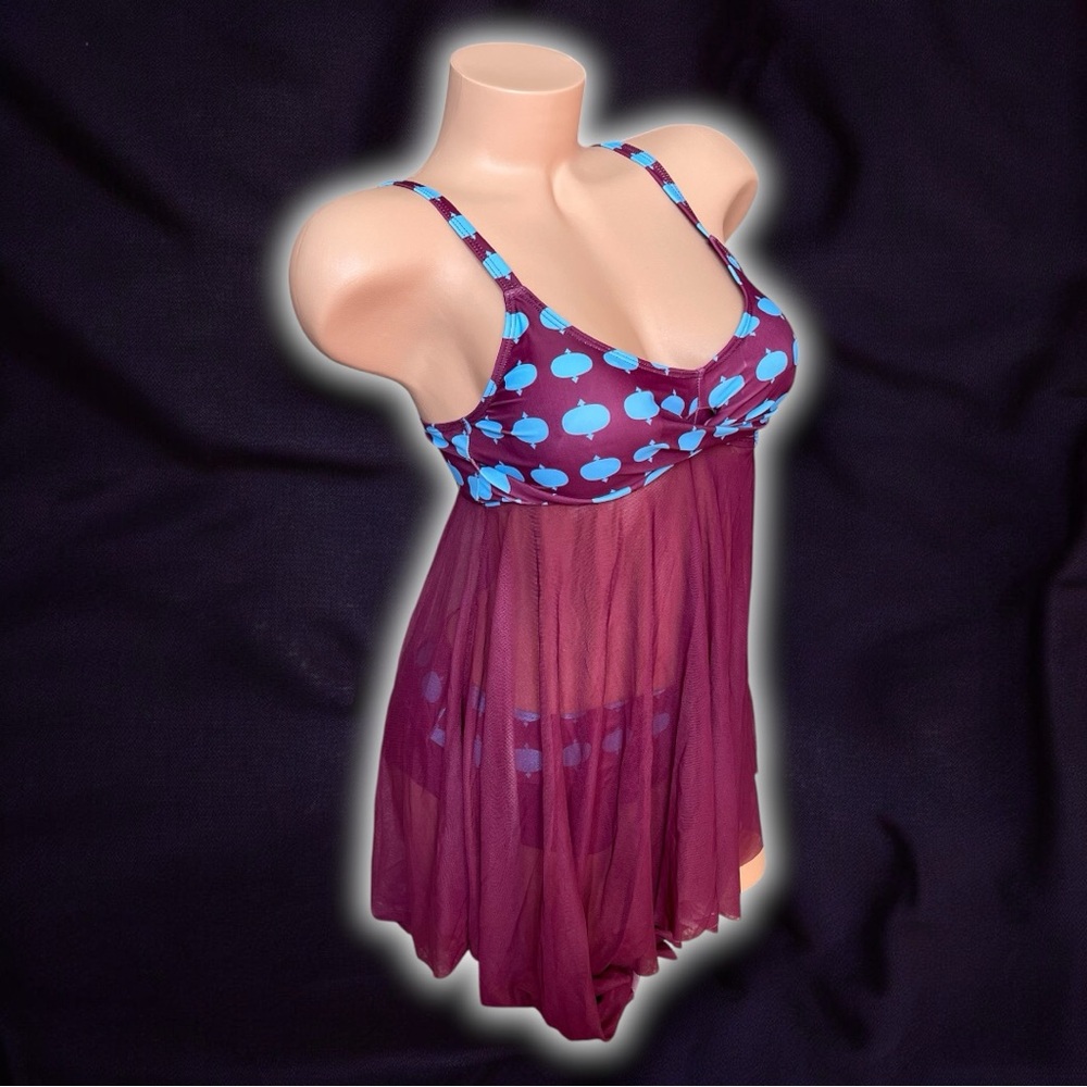 Magenta Blue Polka Dot Print Mesh Sheer Top Two-Piece Plus Size Tankini Swimsuit - Picture 5 of 9